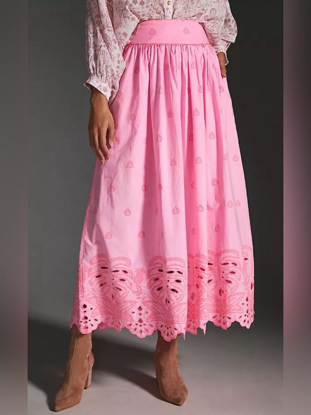 Anthropologie FARM RIO Sz Medium Maxi Skirt Neon Pink Cotton Eyelet Pockets